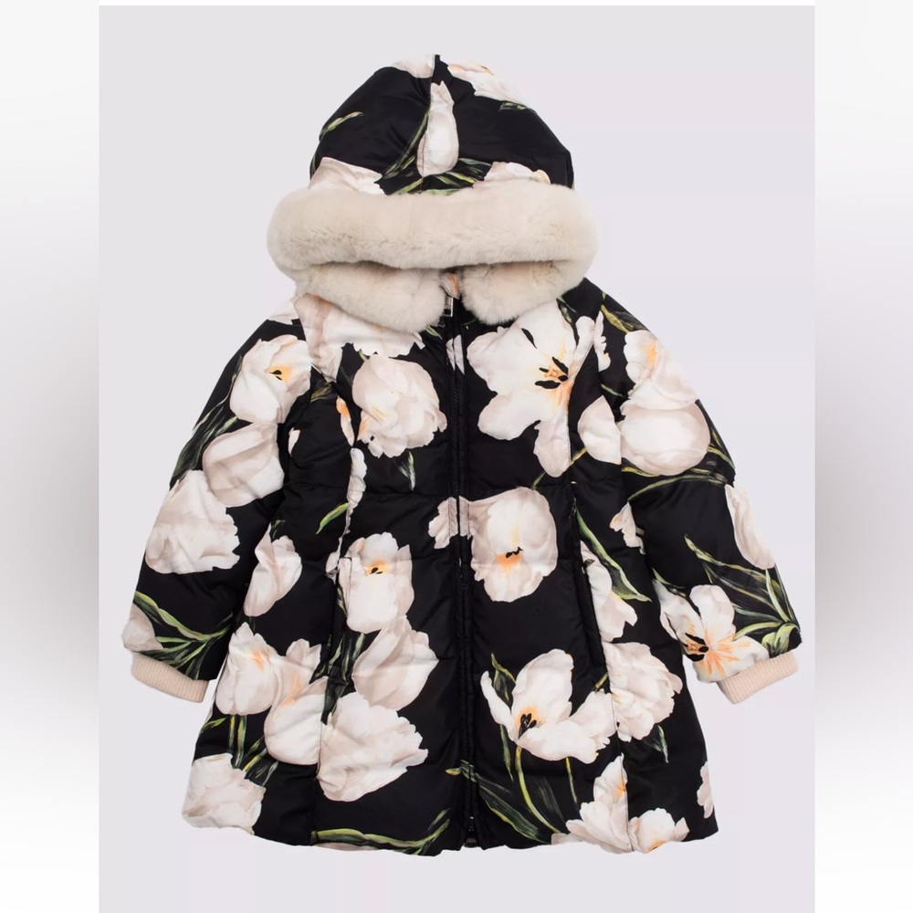 DOLCE & GABBANA Kids Down Jacket Size 3Y Tulip Pattern Rabbit Fur Trim $1242 NWT